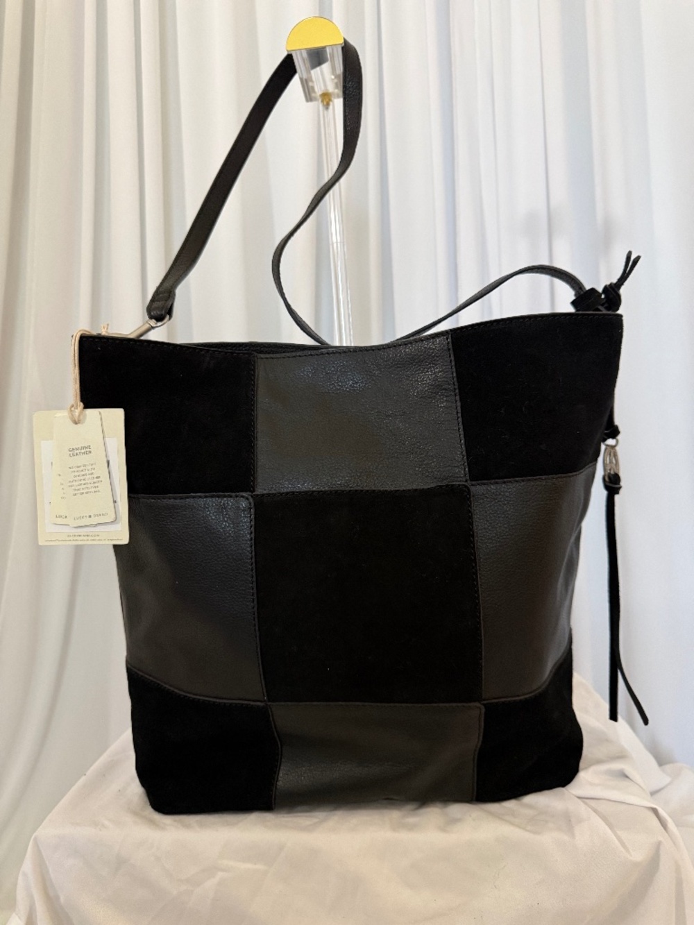 NWT Lucky Brand Lich Black Leather Suede Patchwork Tote Bag